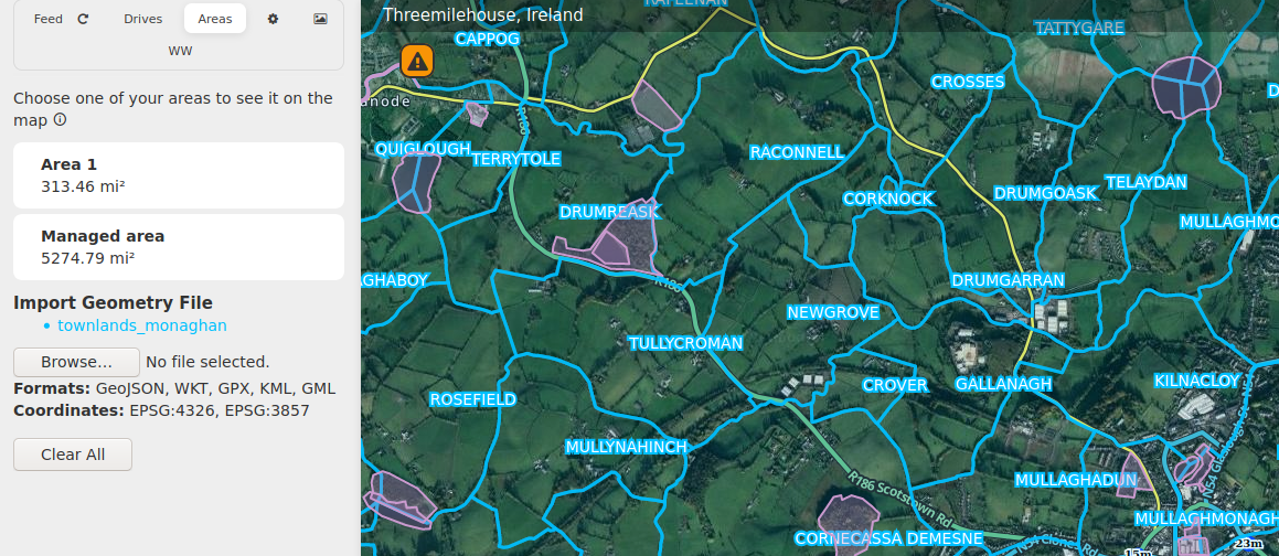 Screenshot of WME Geometries in WME with Monaghan dataset loaded